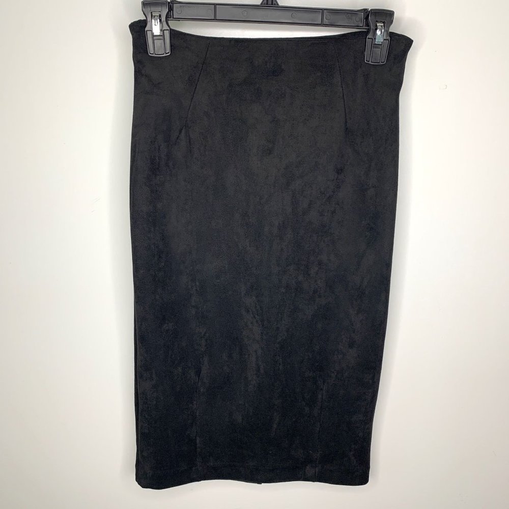 MUST HAVE Black Stretchy Velour Pencil Skirt With Slit and Exposed Zipper Sz S